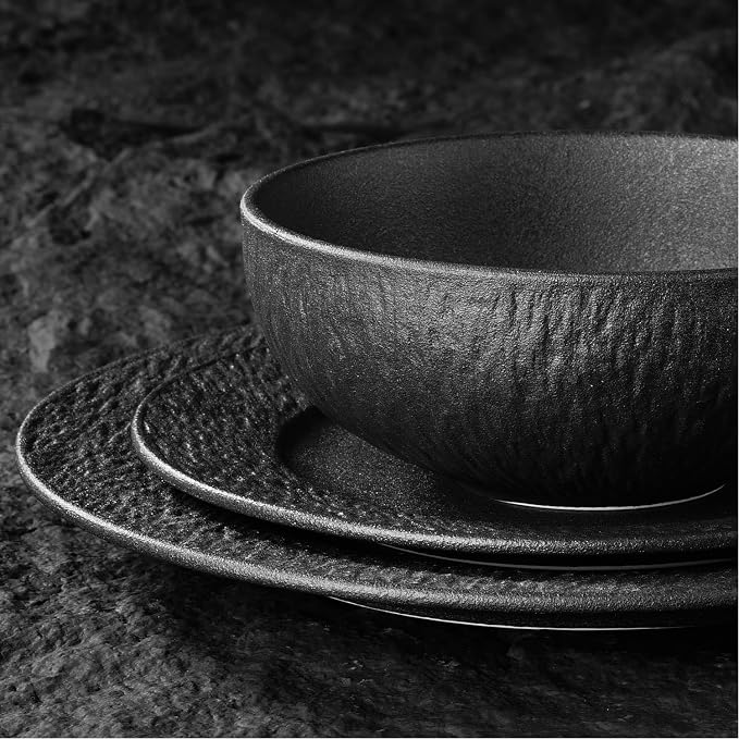 Black Dinnerware Sets, 3-Piece plates and bowls sets, Matte Marble | Premium