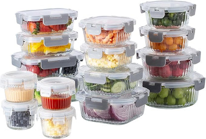 COOK WITH COLOR Premium 32-Pc. Borosilicate Glass Food Container Set with Dividers - 4 Rectangles, 8 Rounds, 4 Squares - Leakproof Lids - Meal Prep, Storage, Fluted Ombre Grey