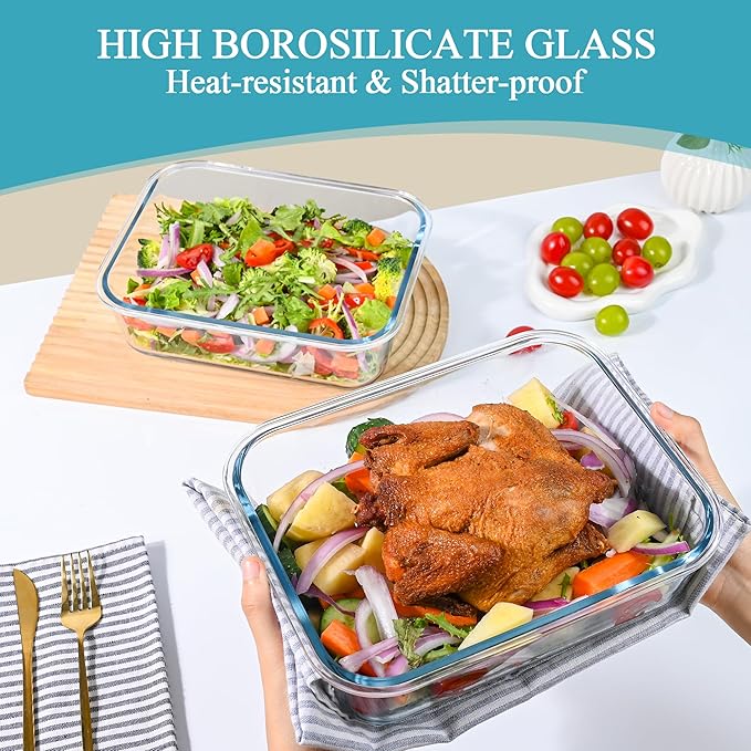 GEHE 9.8 Cup / 78 Oz Large Glass Food Storage Containers with Lids, 2 Pack Glass Meal Prep Containers Set with Airtight Locking Lids - Storing Food, Baking, Leakproof, Freezer, Microwave & Oven Safe
