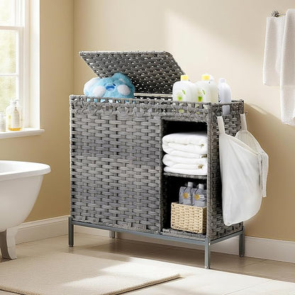 Laundry Hamper with Lid, 110L (29.1 Gal) Rattan Laundry Hamper 2 Section with 50L (13.2 Gal) Storage Shelf, Wicker Woven Laundry Sorter Basket with 3 Liner Bags and Handles, Gray GLH002G