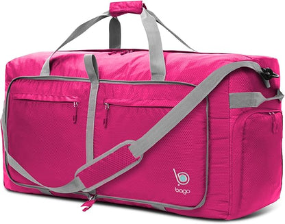 Bago Big XXL Foldable Duffel Bags for Traveling Women & Men - 140L Packable Duffle Bag for Travel with Shoe Compartment - Water Repellant, Heavy Duty, Lightweight Folding & Collapsible (Pink)