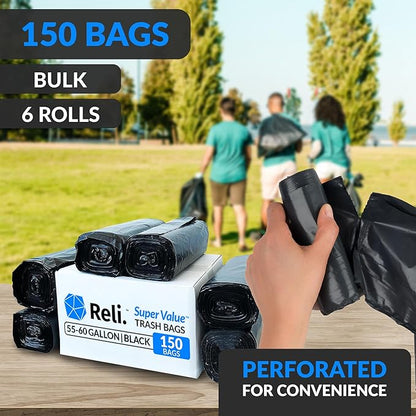 Reli. 55-60 Gallon Trash Bags Heavy Duty | 150 Count | 50-60 Gallon | Large Black Garbage Bags | Made in USA