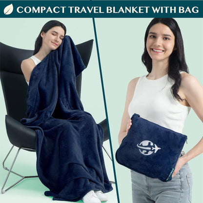 PAVILIA Travel Blanket and Pillow, Arms Opening Airplane Blankets for Adults, Compact Plane Blanket with Arm Hole 2-in-1 Bag for Flight Car Camping Fit in Luggage Backpack Traveler Gift, Navy Blue