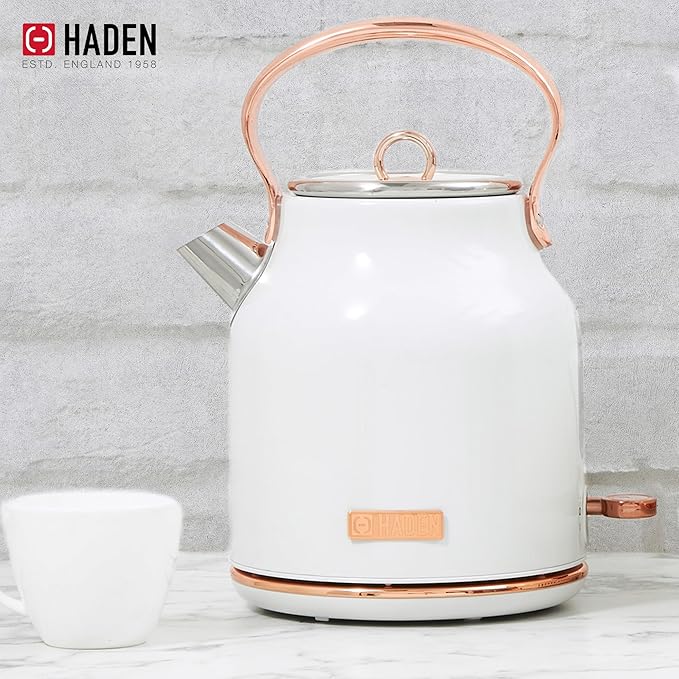 Haden Heritage 1.7 Liter Stainless Steel Electric Kettle, Hot Water Kettle with 360-Degree Base and Auto Shutoff, Ivory & Copper