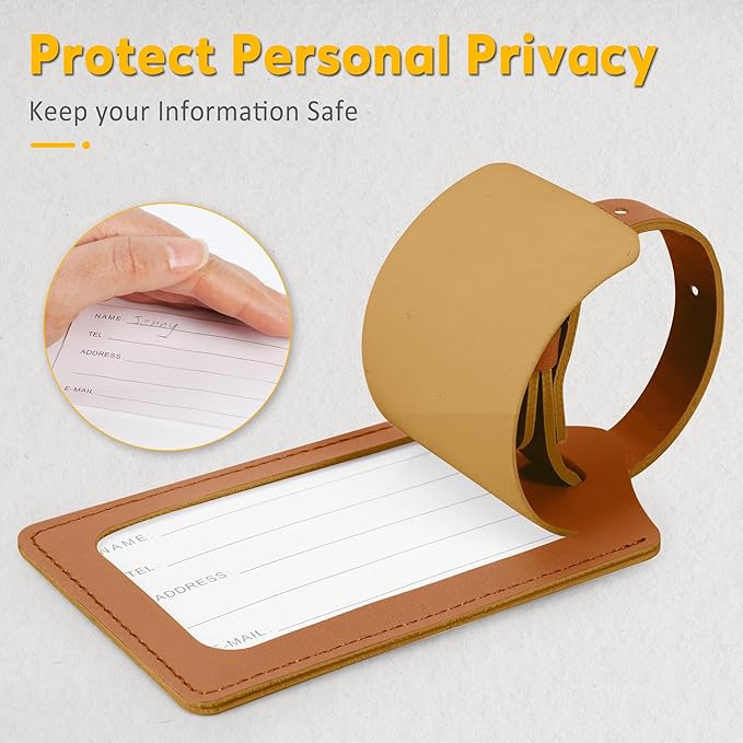 Travelambo Luggage Tags for Suitcases Faux Leather Privacy Protection 2 Pack Bag Tags Travel Accessories Essential, Yellowish Brown