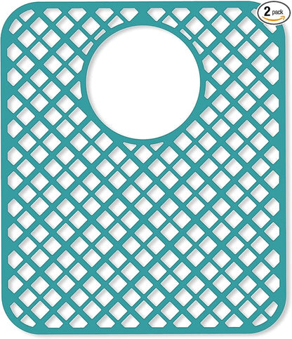 2 Pack Silicone Sink Protectors for Kitchen Sink, Lozenge Pattern 13 x 11 Inches Sink Mat, Non-Slip and Durable Sink Protector Silicone, Rear Drain, Green