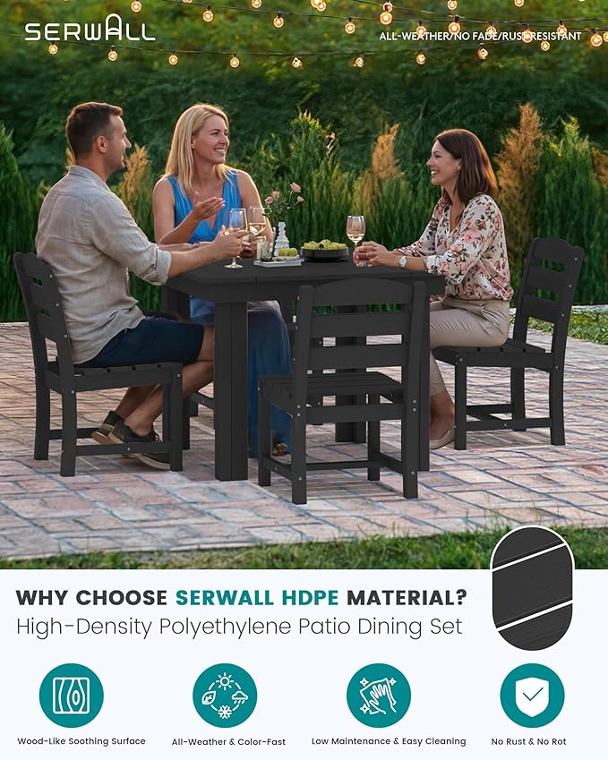 SERWALL Outdoor Dining Set for 4, HDPE Square Table and Chairs Set All Weather