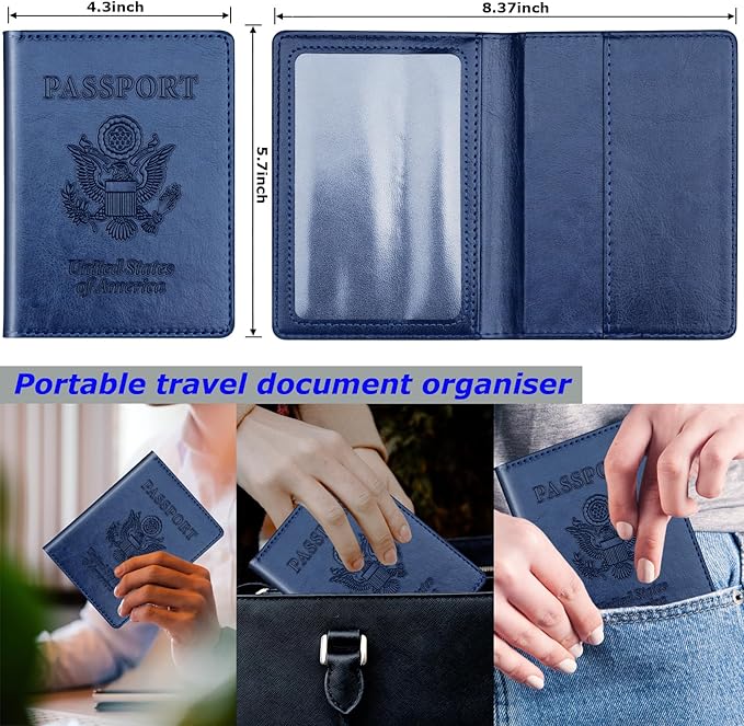 Herain Black & Dark Blue Passport Holder for Travel, Passport Cover Wallet Case 2 Pack Women Men Family Cruise Ship Essentials, Passports Book Holders Travel Vacation Must Haves