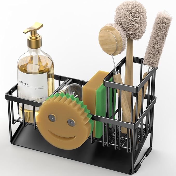 Cisily Sink Caddy With Smiley Face Sponge Holder, 304 Stainless Steel Rustproof(Black)