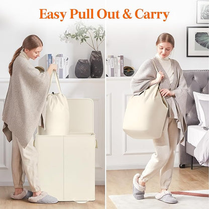 Lifewit Double Laundry Hamper with Lid and Removable Laundry Bags, Large Collapsible 2 Dividers Dirty Clothes Basket with Handles for Bedroom, Laundry Room, Closet, Bathroom, College, 155L Ivory White