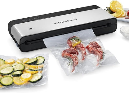 FoodSaver PowerVac Compact Vacuum Sealing Machine Stainless Steel & Black Vertical Storage VS0150 | Preserves freshness reduces bag waste for both dry and wet food