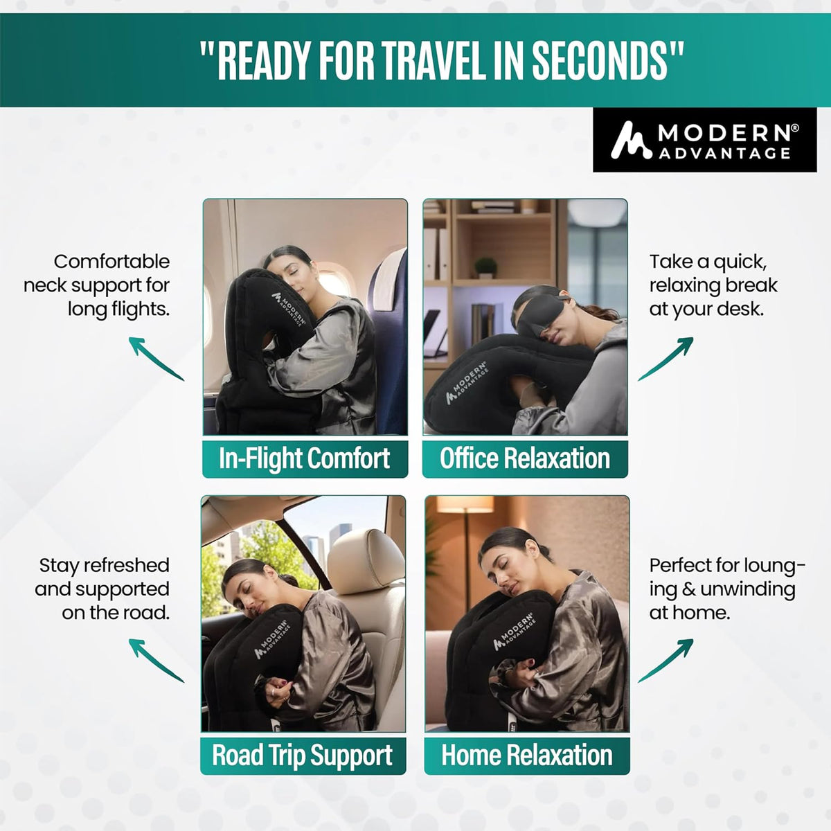 Modern Advantage Inflatable Travel Pillow for Airplanes with Adjustable Extra Bottom, Support Head & Chin to Avoid Neck & Shoulder Pain, for Travelling, Office Napping with Eye Mask & Earplug