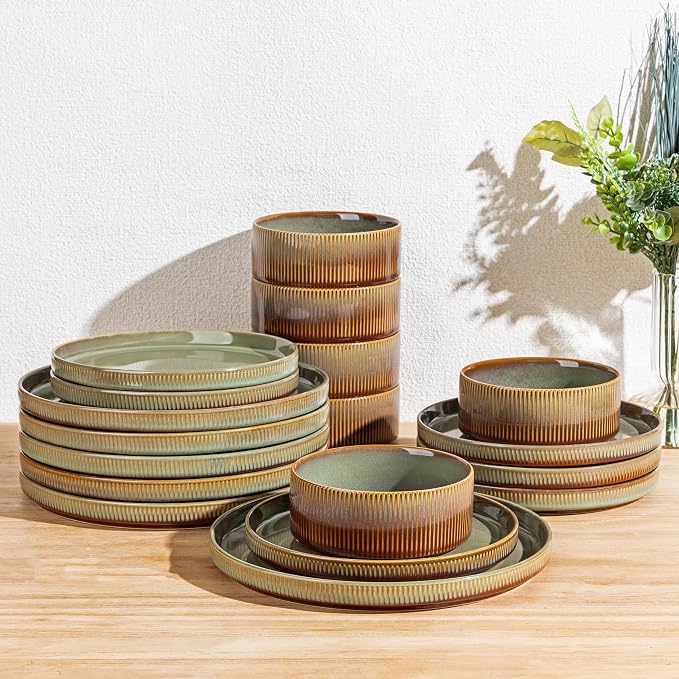 Ceramic Dinnerware Set for 6, 18-Piece Plates and Bowls Set | Lightweight