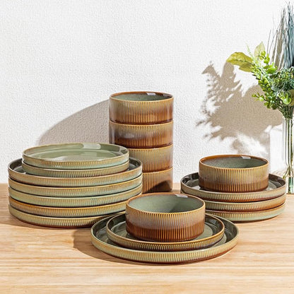Ceramic Dinnerware Set for 6, 18-Piece Plates and Bowls Set | Lightweight