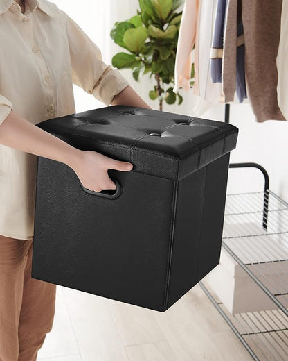 SONGMICS MAZIE Collection - 15 Inches Ottoman with Storage, Footstool, Storage Ottoman with Metal Grommet Handles, Load 660 lb, for Dorm, Living Room, Bedroom, Synthetic Leather, Black ULSF30B