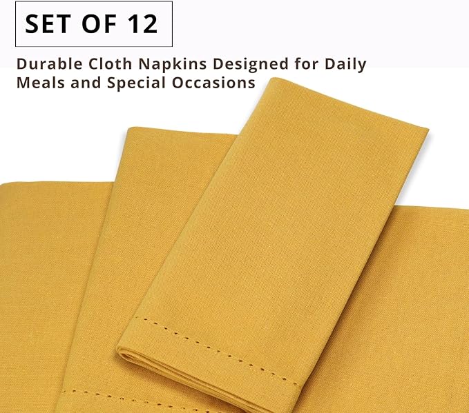 PurpleEssences Set of 12 Hemstitch Cloth Dinner Napkins 100% Cotton - Soft Durable Washable - Ideal for Wedding Christmas Holiday Winter - Perfect Everyday Use Table Linen 18x18 - Golden Yellow