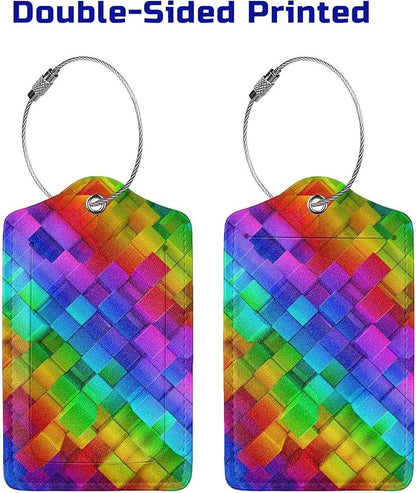 2 Pcs Colorful Geometric Luggage Tags for Suitcases, Bright Rainbow Leather Baggage Tags for Luggage with Privacy Name Address Identifiers Labels & Durable Steel Loop for Women Men Travel
