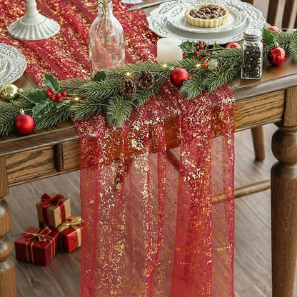 Artoid Mode 3PCS Red Gold Gauze Table Runner 120 Inch 10FT, Glitter Metallic Foil Sheer Dining Wedding Anniversary Holiday Table Decor for Home Party