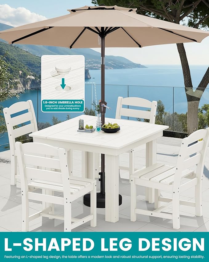 SERWALL Outdoor Dining Set for 4, HDPE Square Table and Chairs Set All Weather