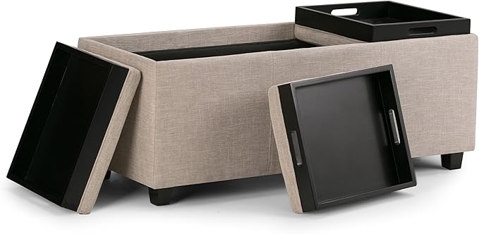 SIMPLIHOME Avalon 42 inch Wide Contemporary Rectangle Storage Ottoman in Natural Linen Look Fabric, Assembled, for the Living Room, Entryway and Family Room