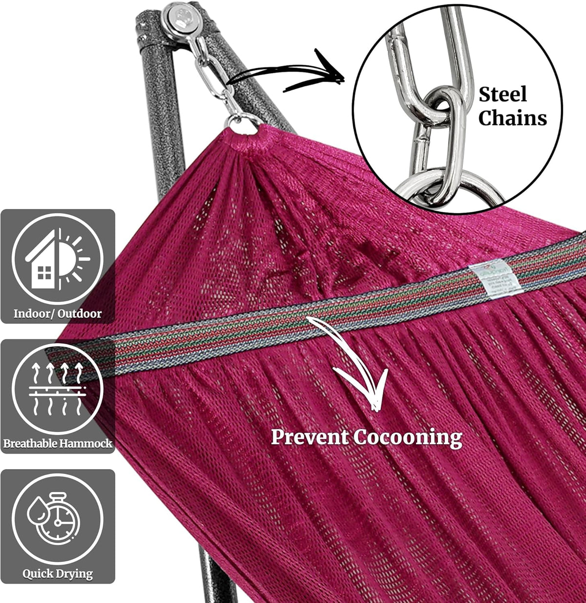 Tranquillo Universal Double Hammock with Stand Included for 2 Persons/Foldable Hammock Stand 600 lbs Capacity Portable Case - Inhouse, Outdoor, Camping, Red