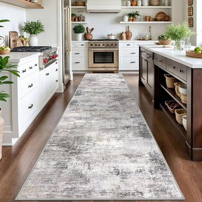IOHOUZE Abstract Runner Rug 3x14 Ft Washable Runners for Hallways, Non Slip Kitchen Runner Printed Faux Wool Entryway Runner Indoor, Modern Abstract Floor Carpet for Hall Stair, Grey Beige