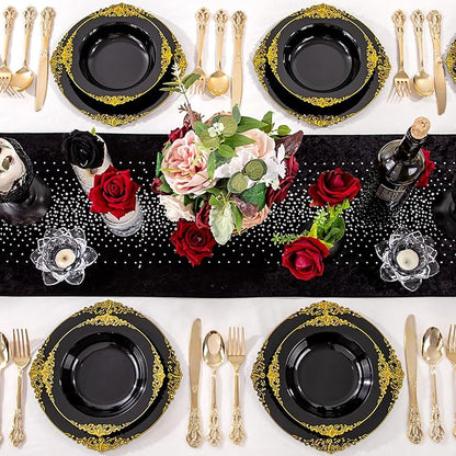 100PCS Black Plastic Bowls - 12 oz Black Gold Disposable Salad Bowls - Heavy Duty Soup Serving Bowl - Fancy Plastic Candy Bowl for Weddings, Parties, Dinners, Catering, Picnics, New Year Party