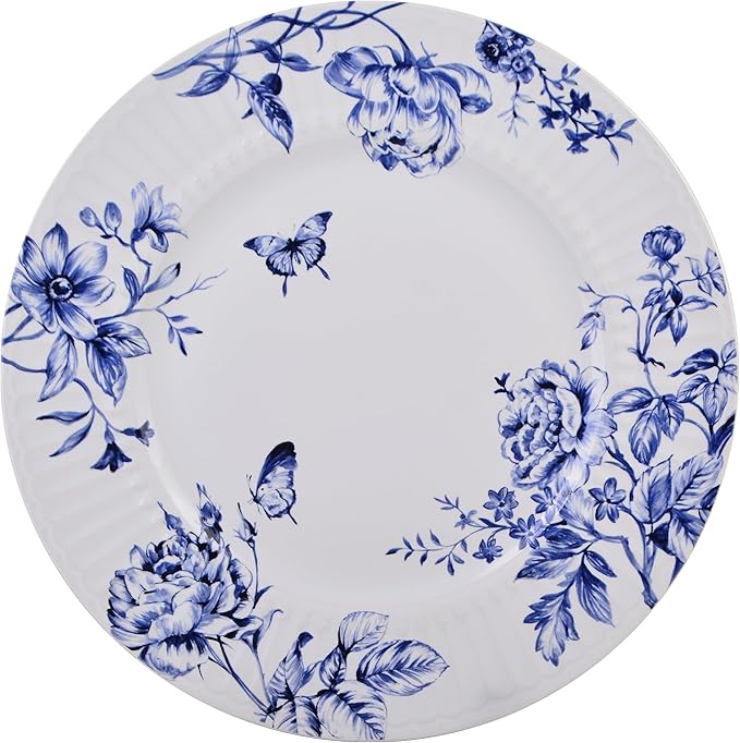 222 Fifth 12-Piece Porcelain Dinnerware Set for 4, White & Blue Plates and Bowls Set, Glossy Ceramic Dish Set with Embossed Toile Pattern, Elegant Kitchen Dishes, Microwave & Dishwasher Safe, Cassian