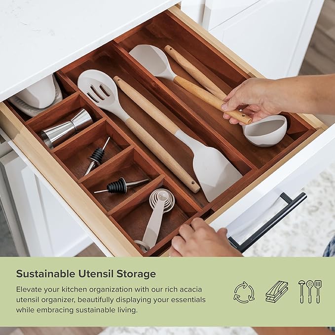 KitchenEdge Adjustable Kitchen Drawer Organizer for Utensils and Junk, Food-Safe Contract Grade with 100% Sustainable Wood, Non-Slip, Expandable from 10.5 to 18.5 Inches Wide - Natural Acacia