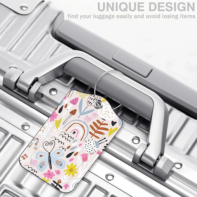 2 Pack Luggage Tags for Suitcases Rainbow Butterfly Mushroom Flower Leather Luggage Tags Privacy Cover ID Label with Stainless Steel Loop and Address Card for Women Men Travel Bag Backpack