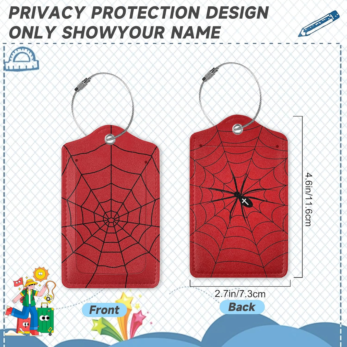 Halloween Red Spider Web Luggage Tags, 2 Pack Travel Cruise Tags for Suitcases,Cute Identifiers with Privacy Flap, Baggage Tags for Women Men Kids Backpack Handbag