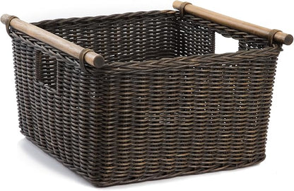The Basket Lady Deep Pole Handle Wicker Storage Basket, Medium, 13.5 in L x 14 in W x 9 in H, Antique Walnut Brown