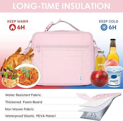 NOL Kids Lunch Bag - Kids 3+ Reusable Insulated Lunch Box with Zipper Closure Buckle Handle Adjustable Long Shoulder Strap, Easy-Clean Waterproof Fabric, Children Lunch Tote Bag for School -Pink