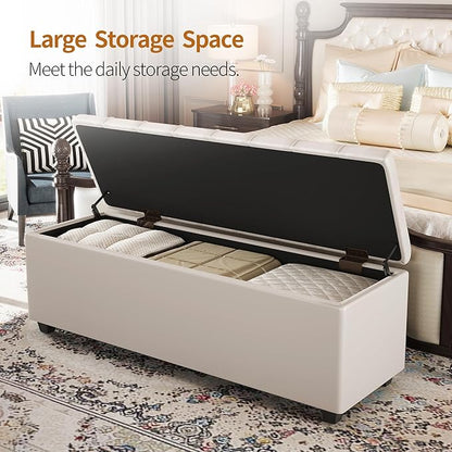 Small 38 Inches Long White Ottoman Bench with Storage,Footstool Furniture End of Bed Benches,Faux Leather Ottomans and Seat for Foot Rest in Bedroom, Living Room, Entryway