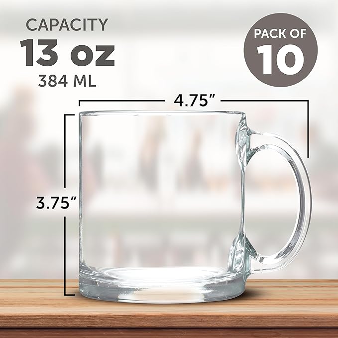 Libbey Clear Glass Coffee Mugs 13 oz. Set of 10, Bulk Pack - Perfect for Coffee, Tea, Espresso, Hot Cocoa, Other Beverages - Clear Bottom