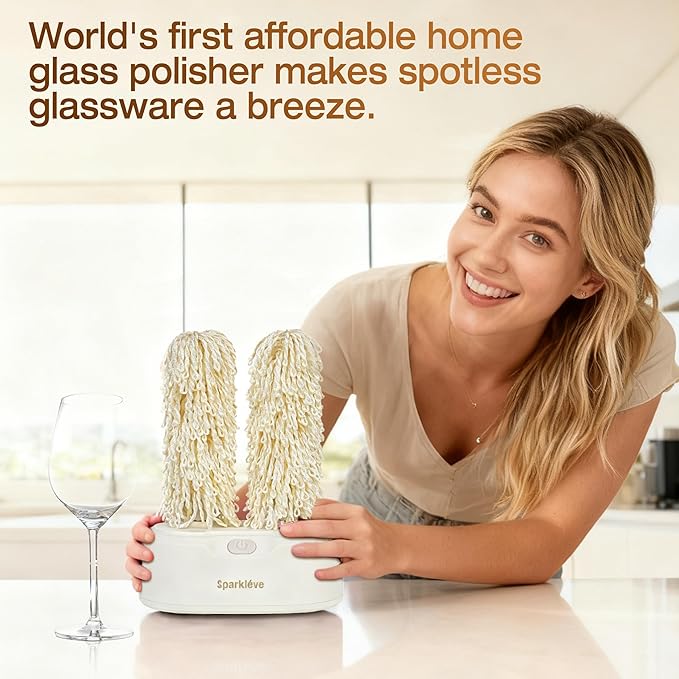 Home Glassware Polisher, World's First Affordable Spinning Glass Polisher, 600 RPM Dries & Polishes, All Glasses, Wine, Bar, Drinking, Wet/Dry, for Sparkling Glassware, White, Classic Matte