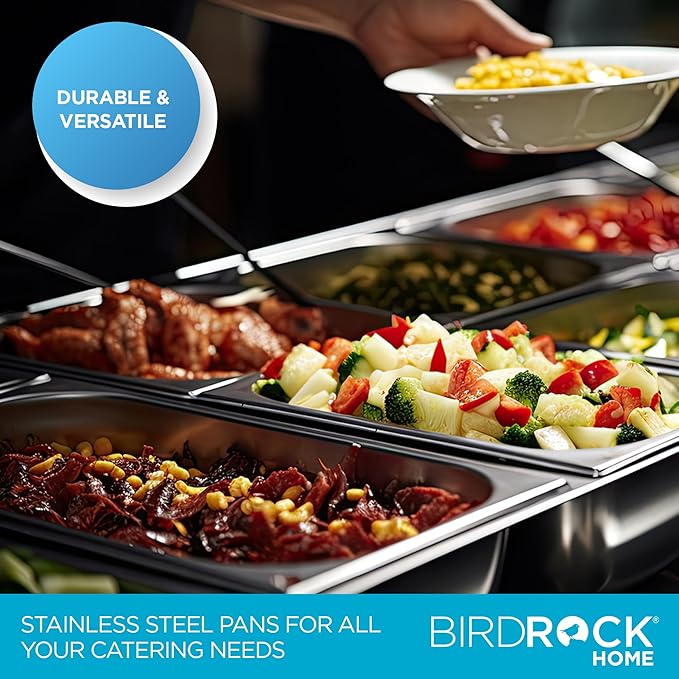 BIRDROCK HOME Stainless Steel Steam Table Pan - Hotel, Restaurant & Catering Supplies - 24 Gauge Steel, 2.6 qt Capacity - Meal Prep, Cooking, & Food Storage Container - 6" Depth, 1/6-Size (6 Pack)
