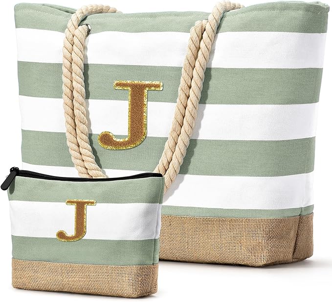 Becokan Beach Bag Initial Beach Tote with Makeup Bag for Travel Work Storage Personalized Birthday Gifts for Women Her