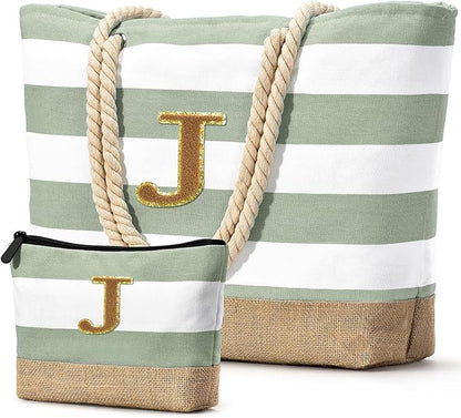 Becokan Beach Bag Initial Beach Tote with Makeup Bag for Travel Work Storage Personalized Birthday Gifts for Women Her