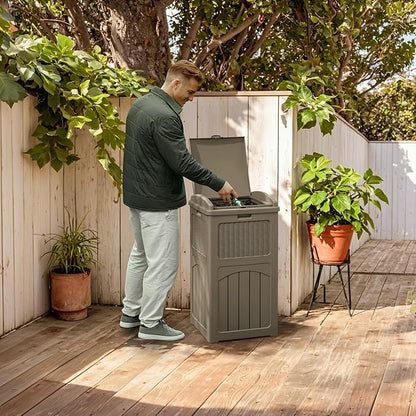 YESHOMY 33 Gallon Resin Outdoor Trash Can with Lid, Hideaway Waterproof Patio Garbage Bin, Coffee