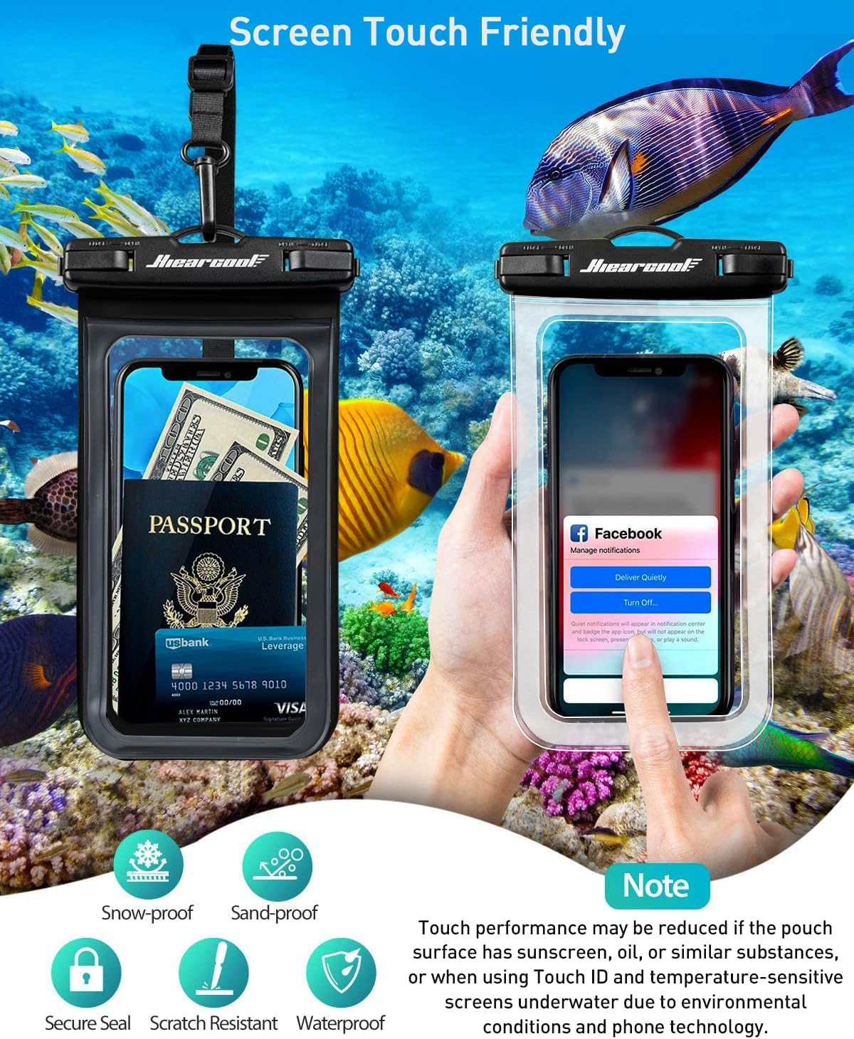Hiearcool Universal Waterproof Phone Pouch,Underwater Dry Bag for iPhone 16 15 14 13 Pro Max XS Plus up to 8.3",IPX8 Cell Phone Case for Cruise Travel Essentials-Black&Clear-2Pack
