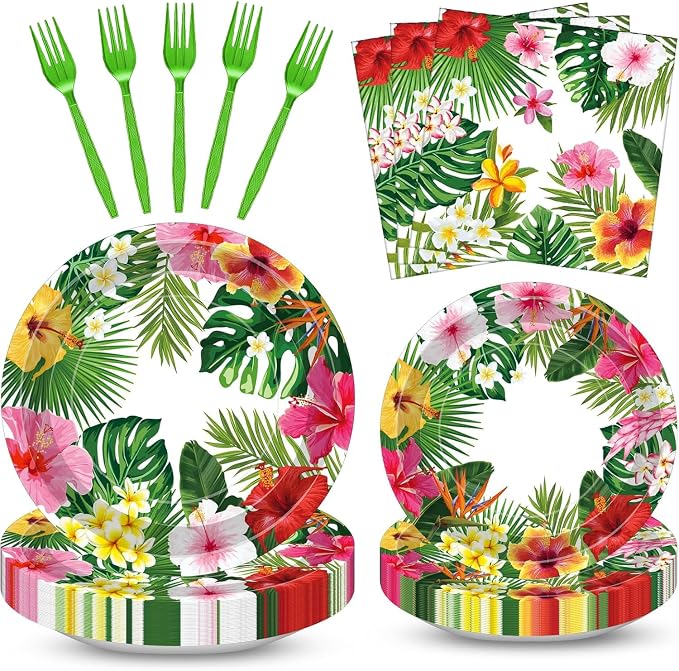 100 Pcs Tropical Luau Party Supplies Set, Serves 25 – Disposable Hibiscus
