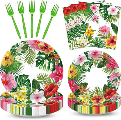 100 Pcs Tropical Luau Party Supplies Set, Serves 25 – Disposable Hibiscus