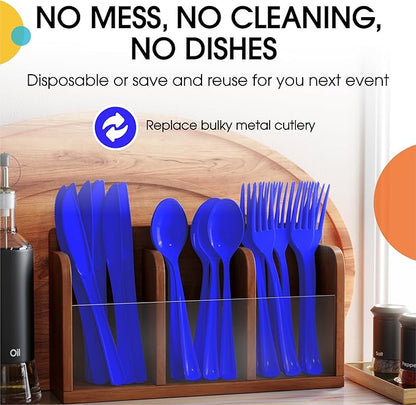 Party Solids Dark Blue Plastic Silverware Heavy Duty 150 Pieces Dark Blue Disposable Silverware Heavy Duty, Utensil Sets, 50 Of Each Forks, Knives & Spoons Disposable Cutlery Set For Party Supplies