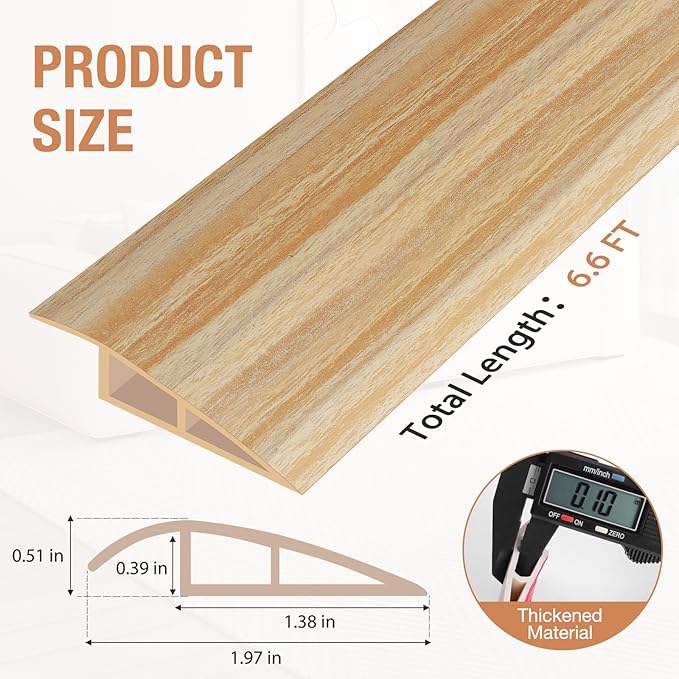 Floor Transition Strip Self Adhesive Vinyl Door Threshold for Doorways Carpet Edging Trim Overlap Edge Reducer for Laminate Floor, Carpet, Tile (Light Yellow Wood Grain, 1/5" to 2/5", 6.6Ft)