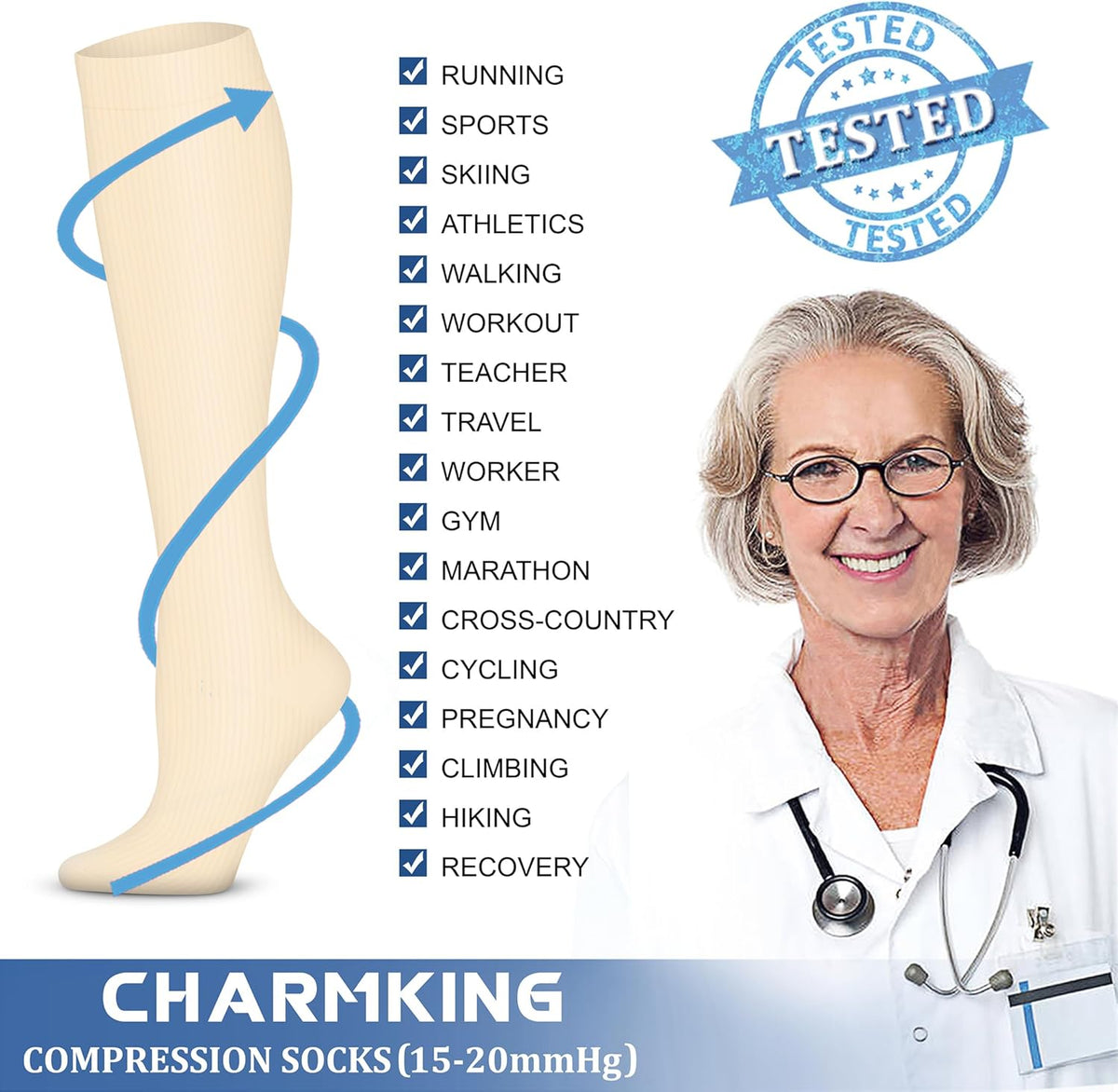 CHARMKING Compression Socks for Women & Men Circulation (3 Pairs) 15-20 mmHg is Best Support for Athletic Running Cycling