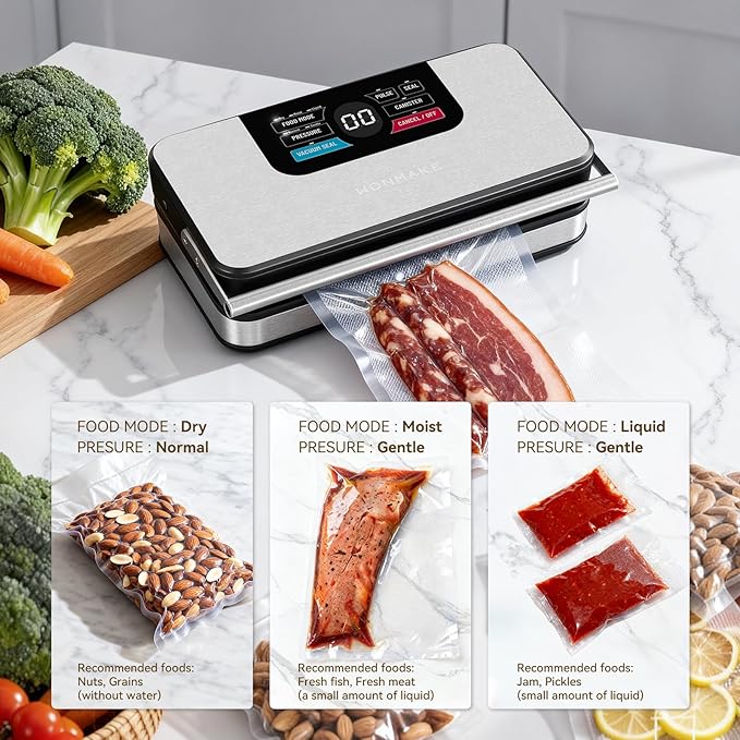 95Kpa Powerful Vacuum Sealer for Food, 10-in-1 Vacuum Sealer Machine with Easy Handle, Built-in Cutter and Roll Storage, Digital Countdown Display & Premium Stainless Steel for Long-Lasting Freshness