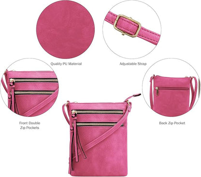 DELUXITY | Crossbody Purse Bag | Functional Multi Pocket Double Zipper Purse | Adjustable Strap | Medium Size Purse |Fuchsia