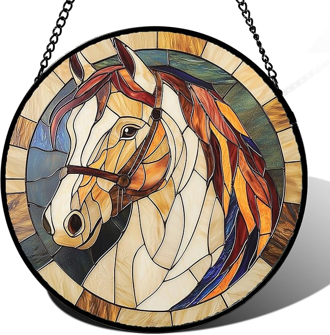 Stained Glass Window Hanging, Animal Horse Colored Mane Sun Catchers Glass Panel Cool Suncatcher Decor for Birthday for Women, Men, Wife, Aunt, and Mom 14.9x14.9 in