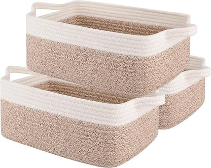 OIAHOMY 3 Pack Storage Baskets for Organizing, Woven Cotton Rope Basket for Shelves, Closet Organizer Bins with Handles, Rectangle Toy Organization, 13.78''×9.84''×5.5'', Brown & White